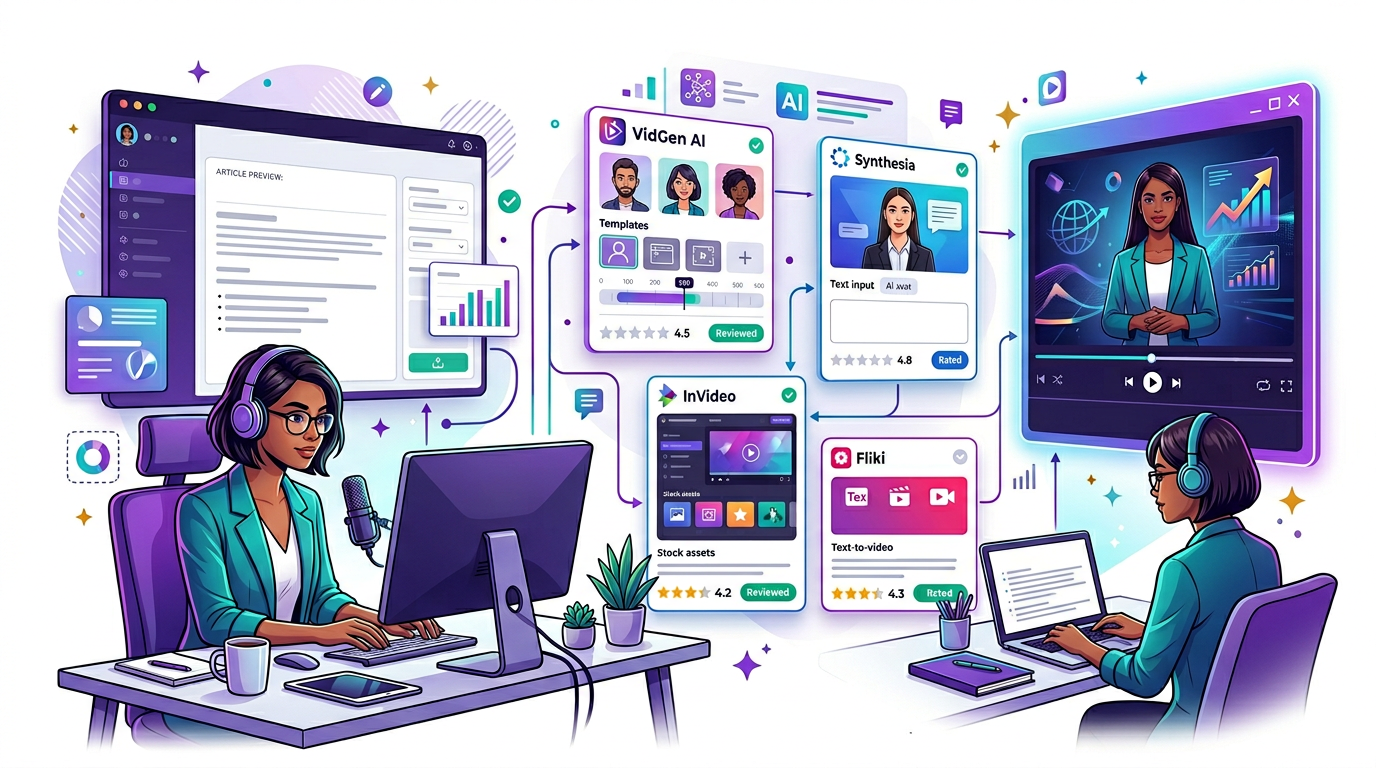 Editorial illustration of a blogger evaluating AI video generation tools with article previews, templates, and publishing outputs.