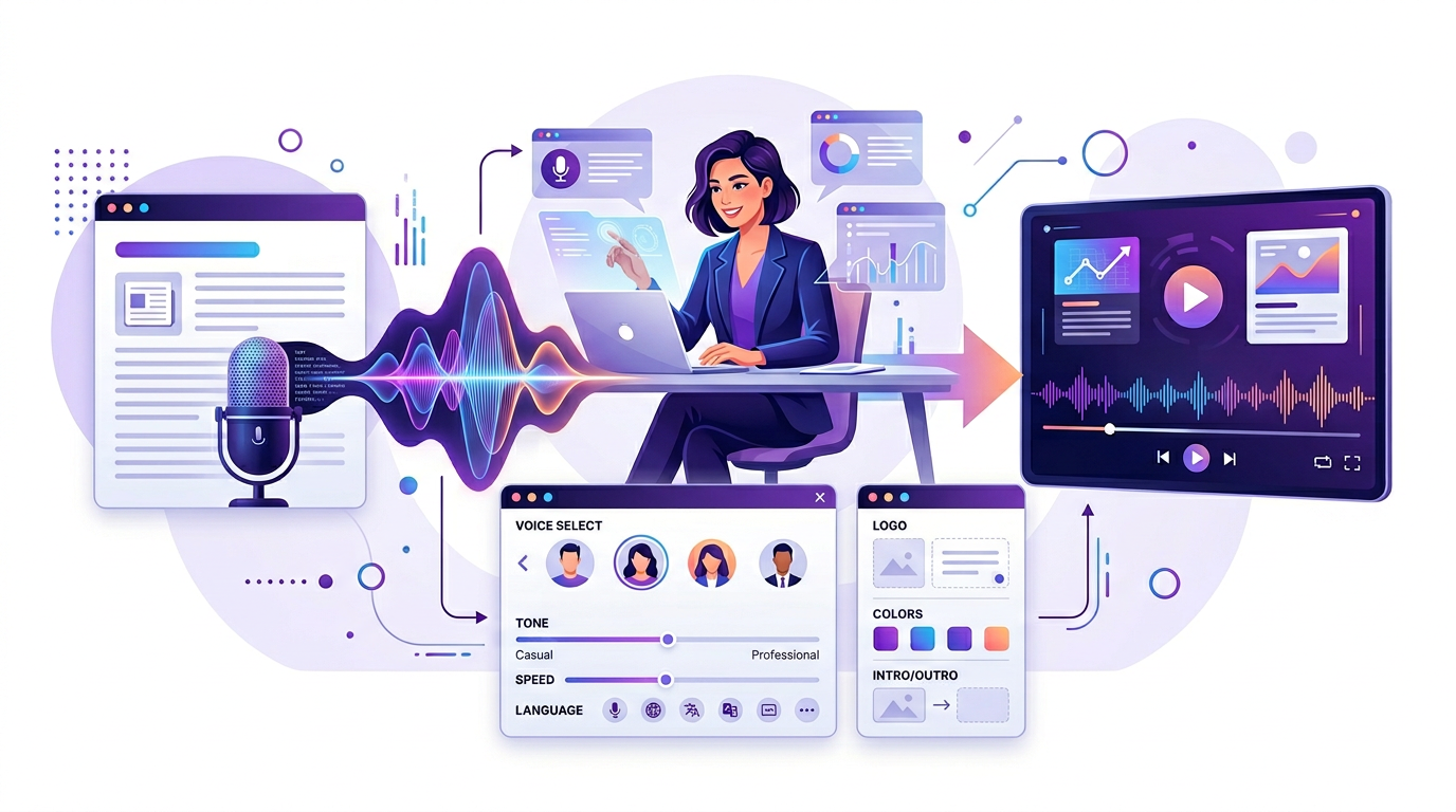 Editorial illustration of AI voiceover controls, waveform panels, and a blog article being voiced into a polished video.