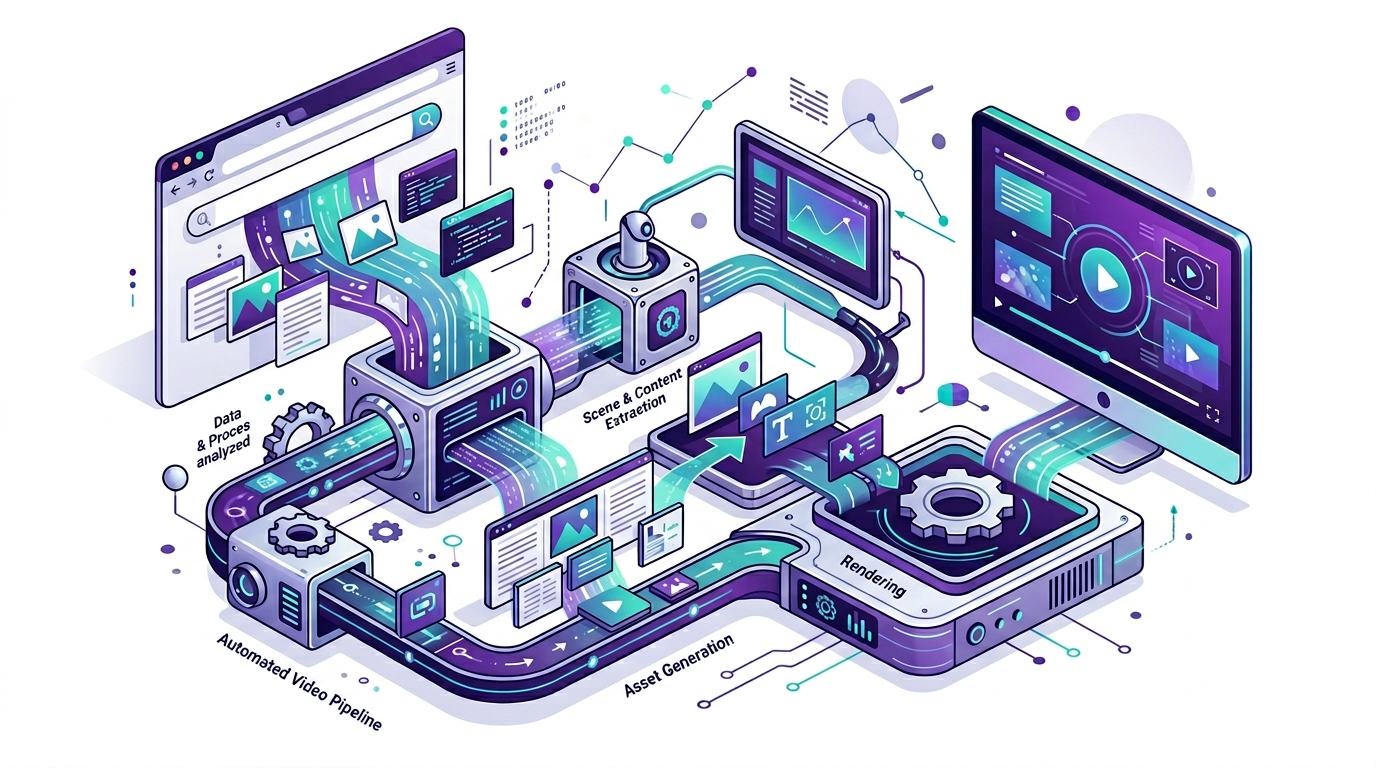 Editorial illustration of a live URL being ingested into an automated video workflow with extracted scenes and rendered output.