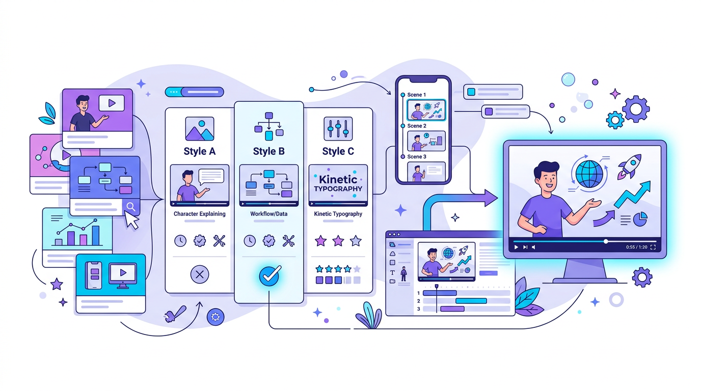 Editorial illustration of multiple explainer video templates being compared before selecting the best fit for a polished video.