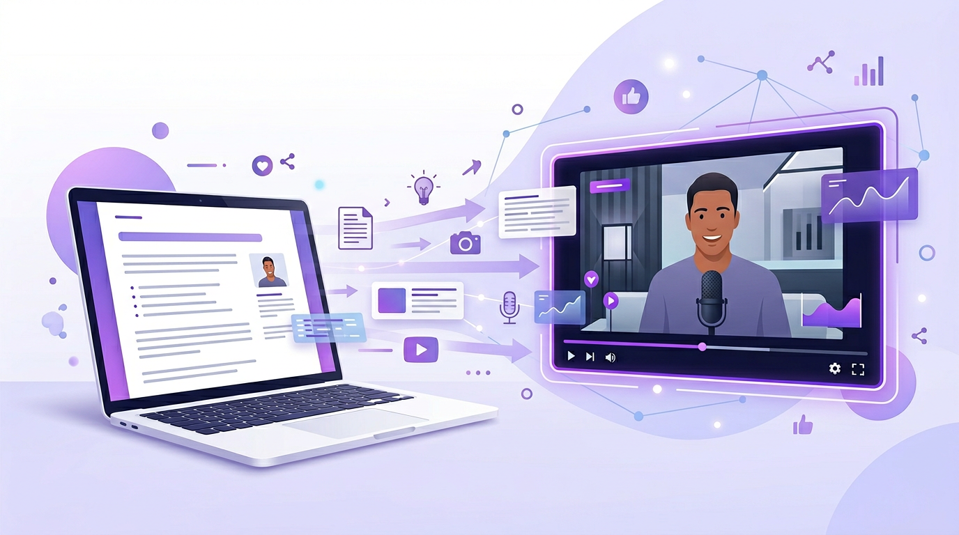 Illustration of a blog post on a laptop turning into a narrated video player.