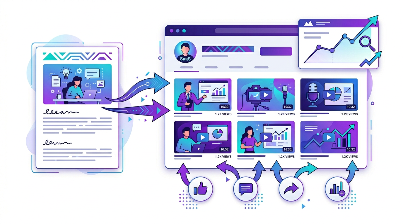 Editorial illustration of a blog post transforming into a YouTube channel workflow with search and video feedback loops.
