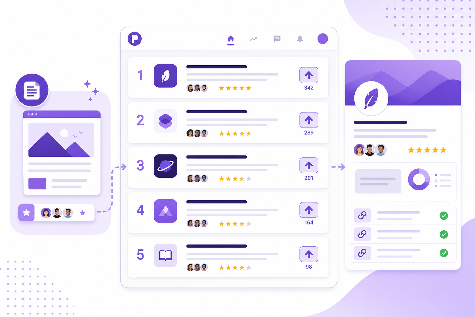BlogHub platform showing a ranked feed of blogs and publications with community upvotes and SEO-optimized profile pages.