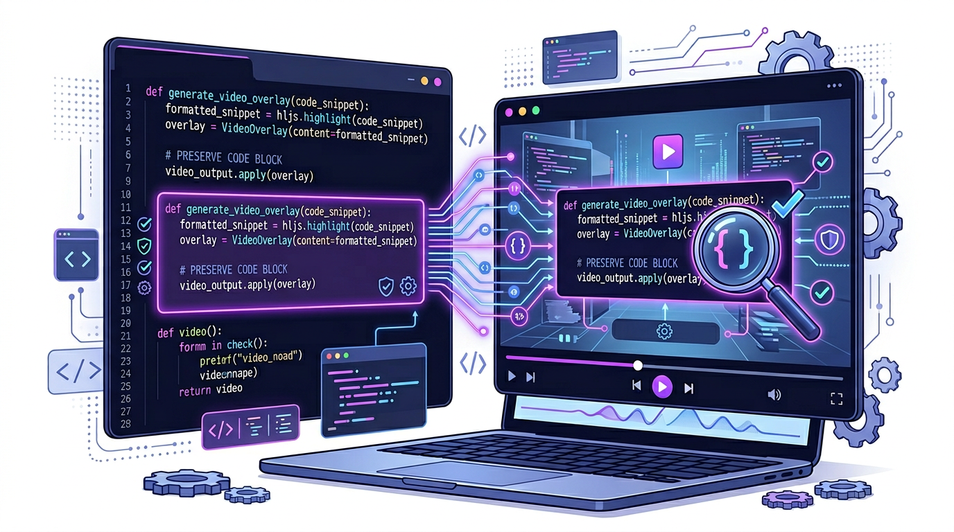 Editorial illustration of code snippets being highlighted and preserved inside an AI-generated video workflow.