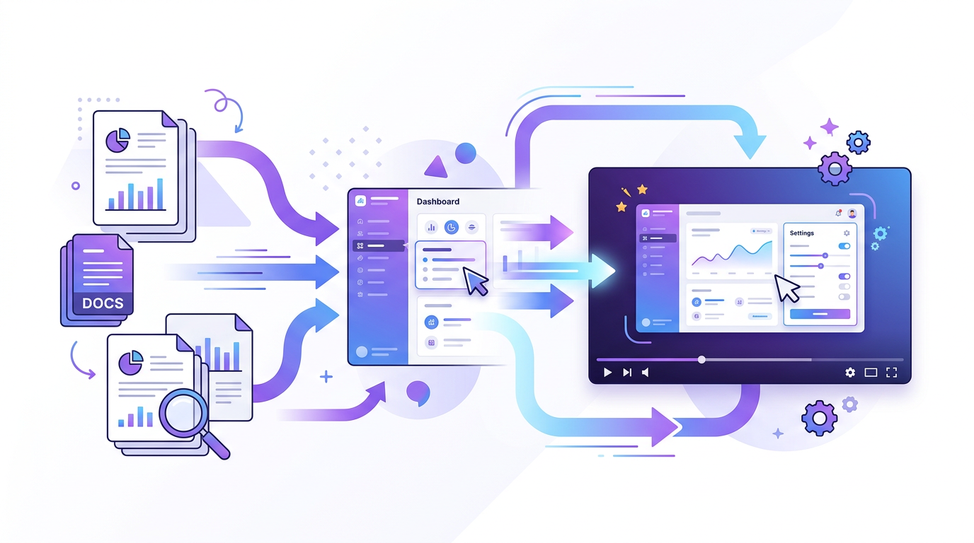 Editorial illustration of documentation pages becoming a product walkthrough video with onboarding UI screens.