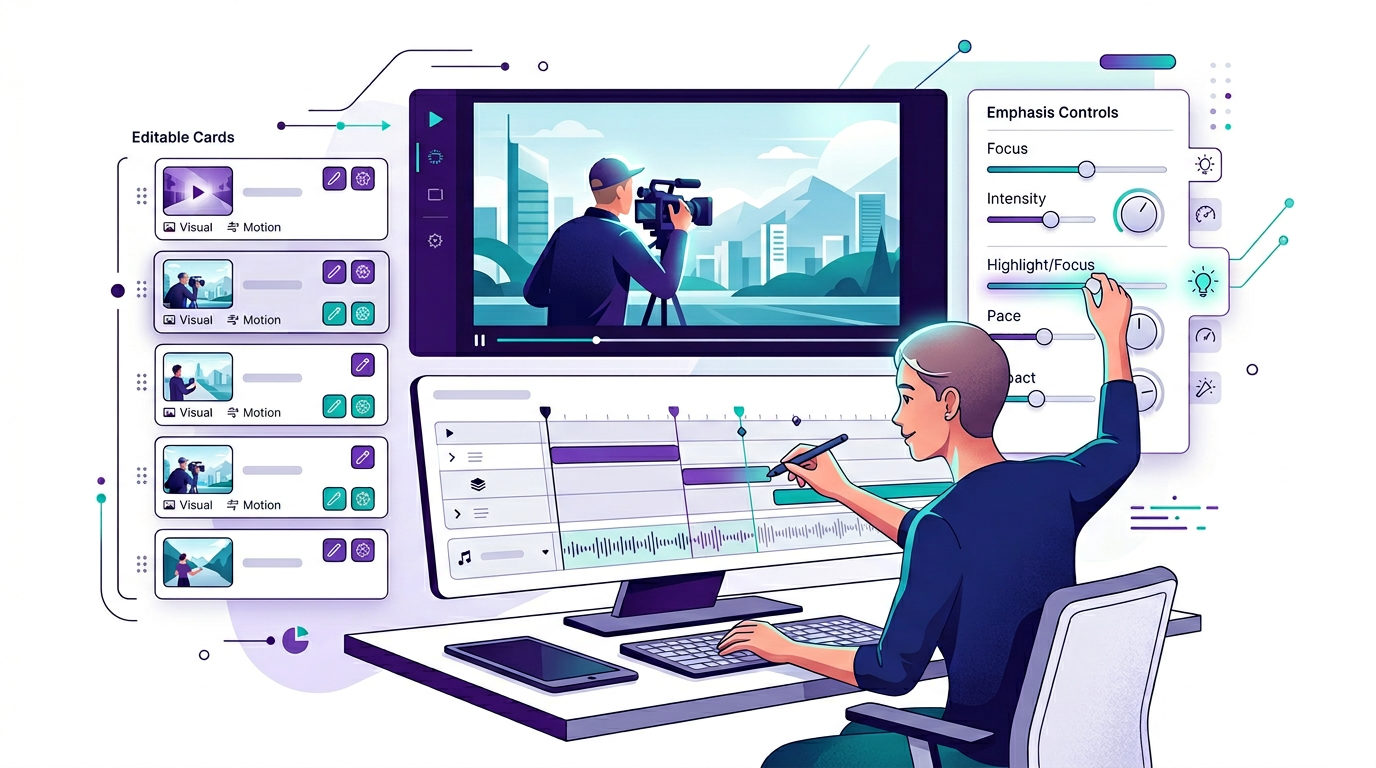 Editorial illustration of an AI scene editor interface refining video scenes, layout blocks, and timing.
