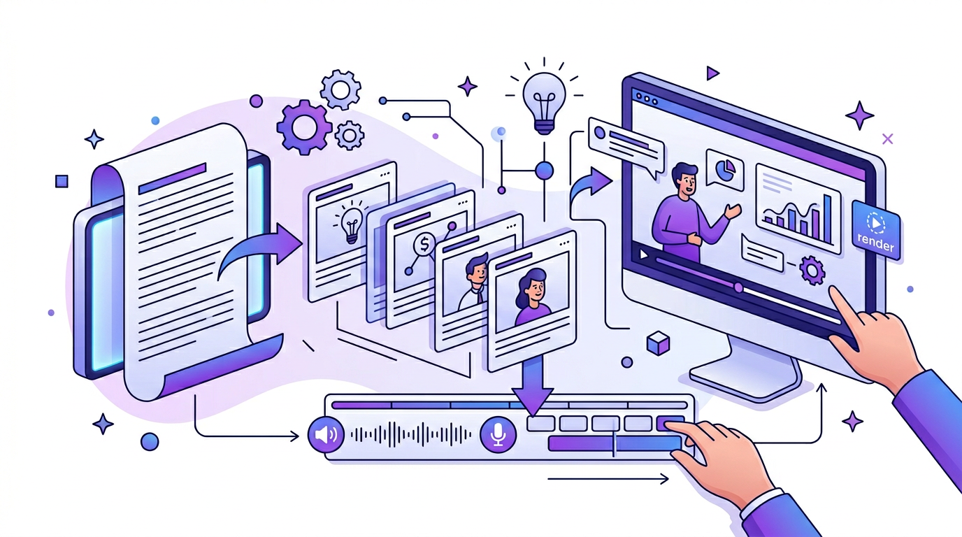 Editorial illustration of a long-form article transforming into a structured explainer video with scene cards and narration.