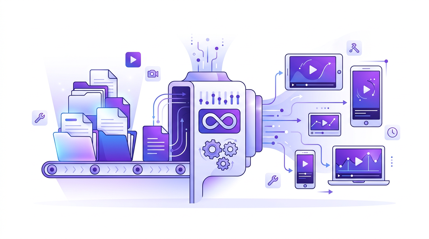 Editorial illustration of a blog archive being converted into a queued pipeline of repeatable video outputs.