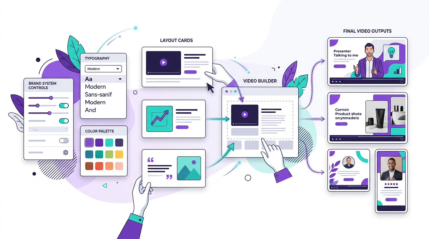 Editorial illustration of branded video template systems, color controls, layout cards, and repeatable outputs.