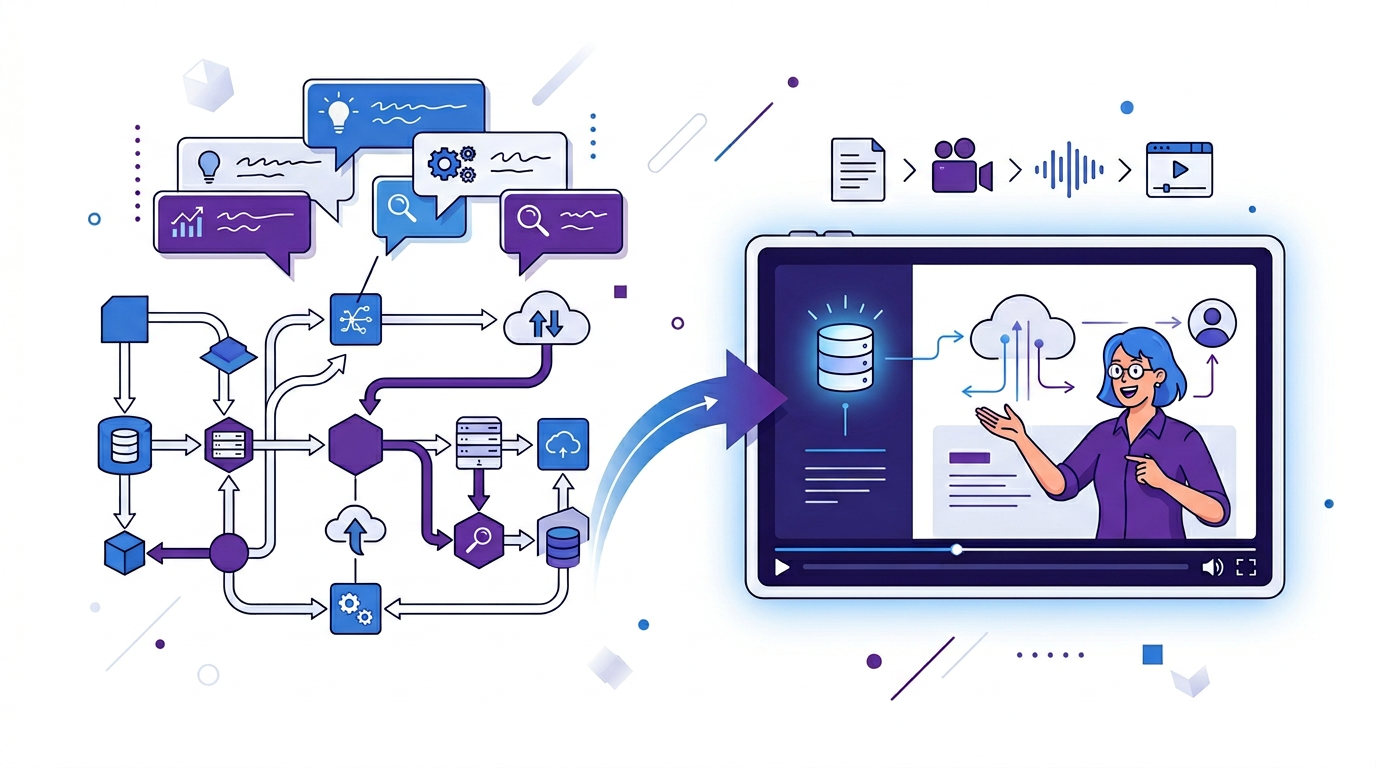 Editorial illustration of architecture and process diagrams transforming into structured explainer video scenes.