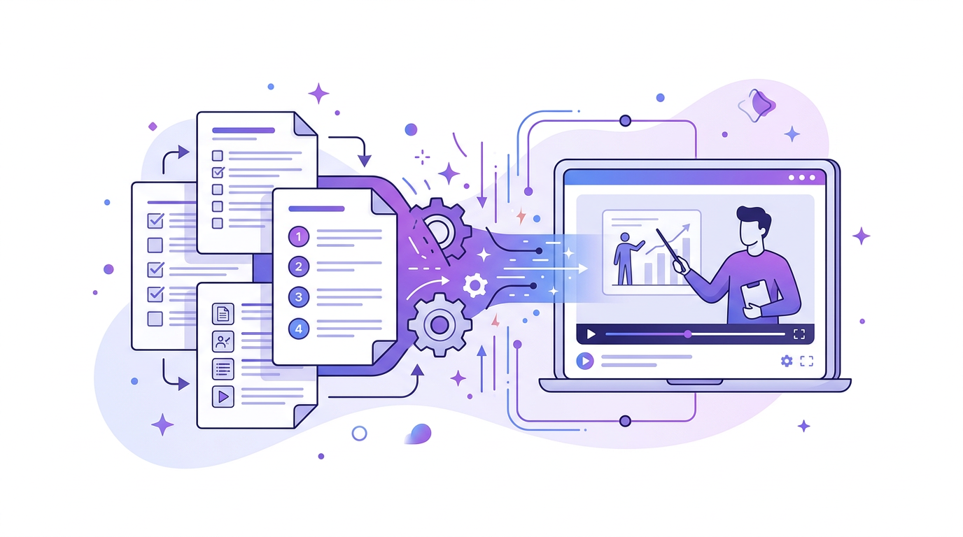 Editorial illustration of a DOCX document being converted into a structured explainer video with instructional scenes.
