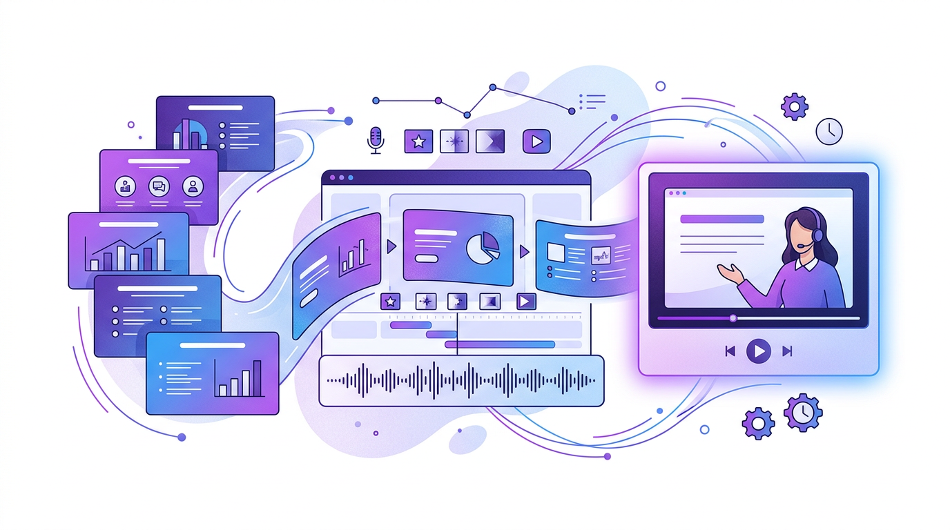 Editorial illustration of a PowerPoint deck transforming into a narrated lesson video with visual slide scenes.