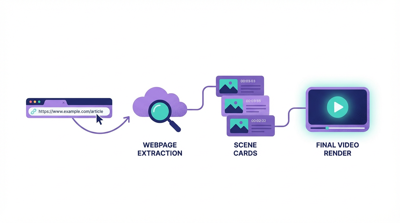 Editorial illustration of a webpage URL flowing into extracted scenes and a finished video render.