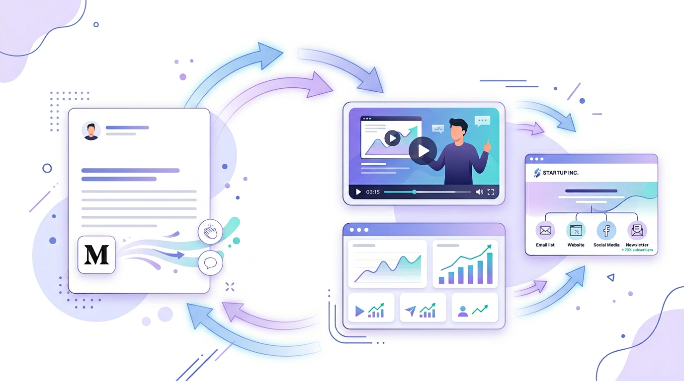 Editorial illustration of a Medium article turning into video, analytics, and owned-channel traffic flows.
