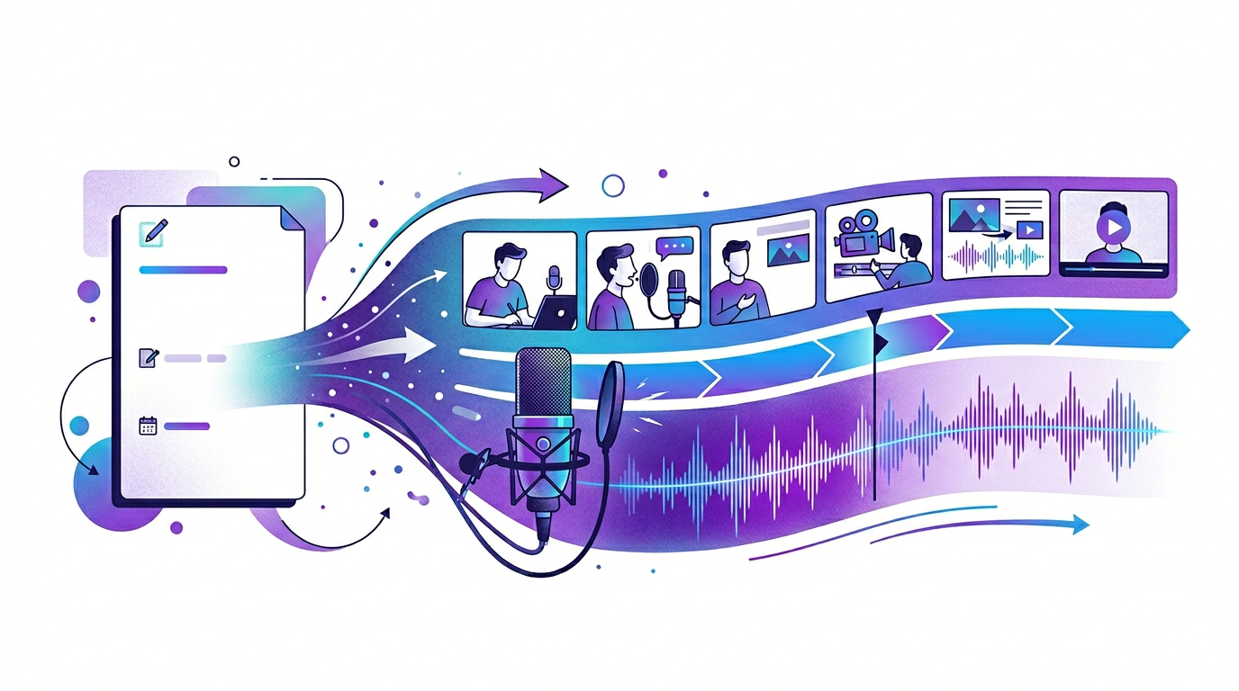Editorial illustration of a blog post being converted into a narrated video timeline with waveform and scene cards.