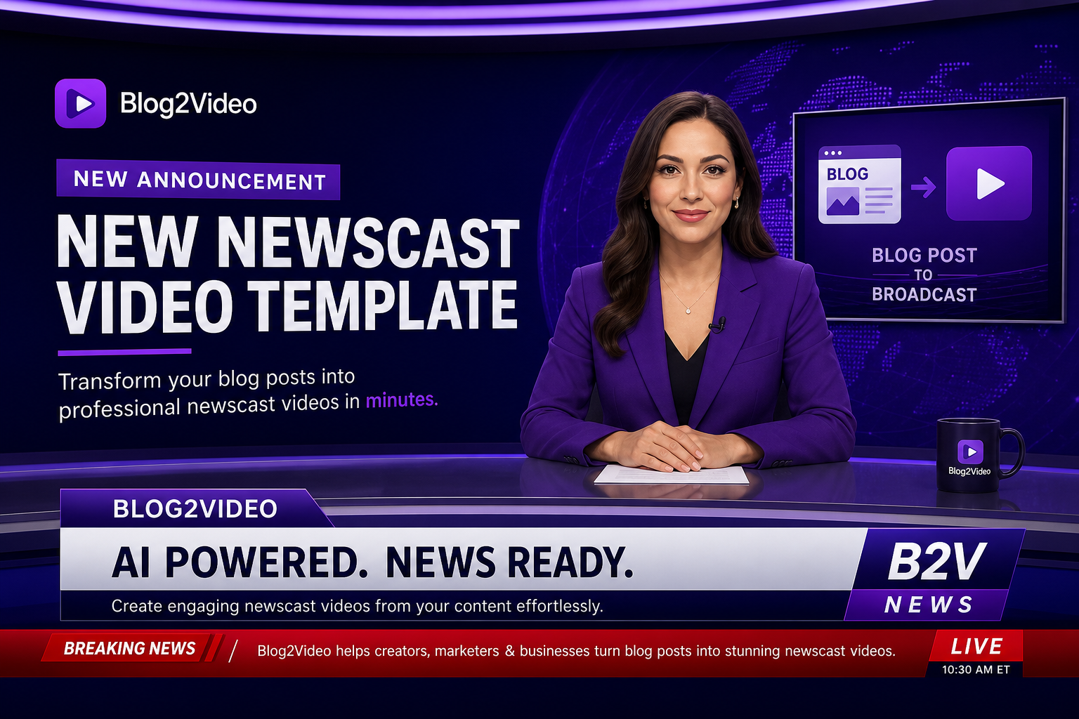 A Blog2Video Newscast template scene showing a deep navy background, crimson accent, ticker bar, and anchor-style lower third.