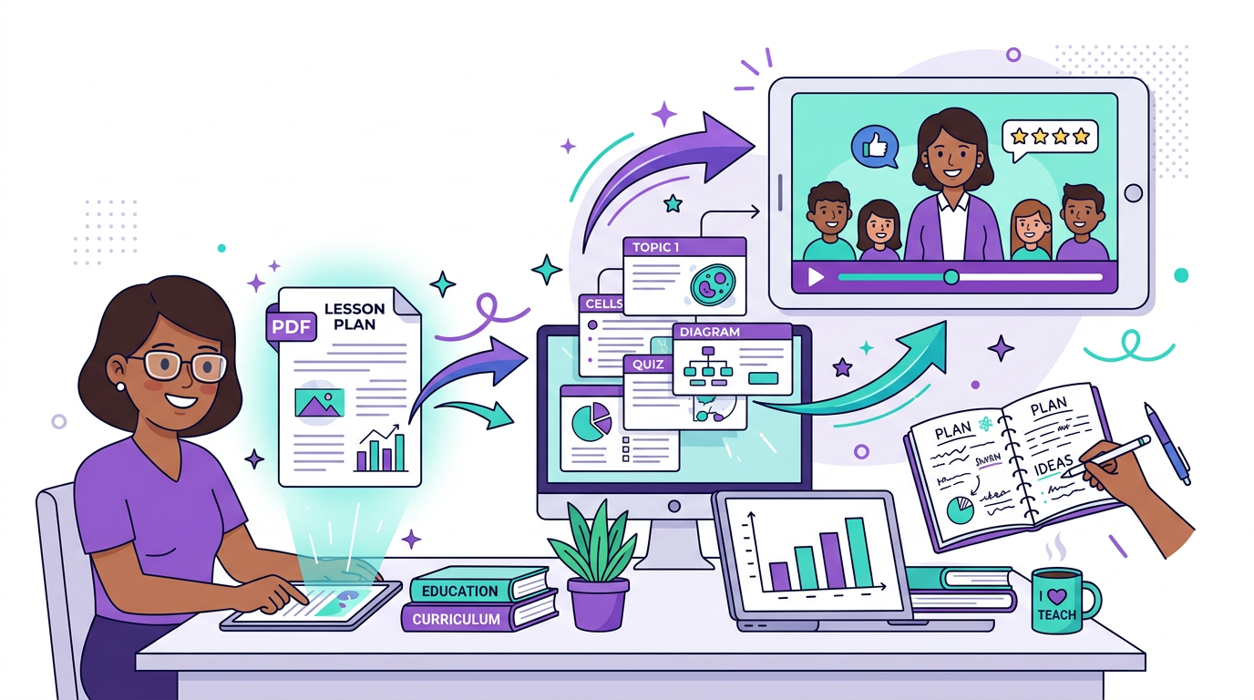 Educational illustration showing a lesson PDF being transformed into a classroom-friendly video.