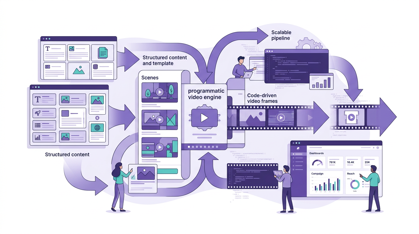 Editorial illustration of structured content flowing through a programmatic video generation pipeline into scalable outputs.