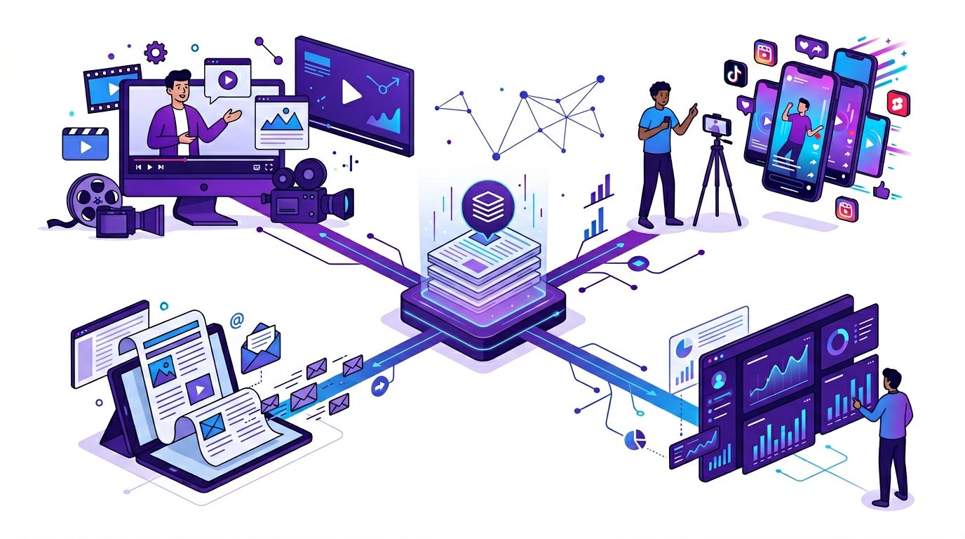 Editorial illustration of a blog content library branching into long-form videos, short clips, and distribution channels.
