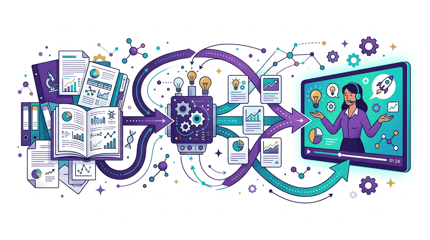 Editorial illustration of research papers, charts, and diagrams transforming into an explainer video presentation.
