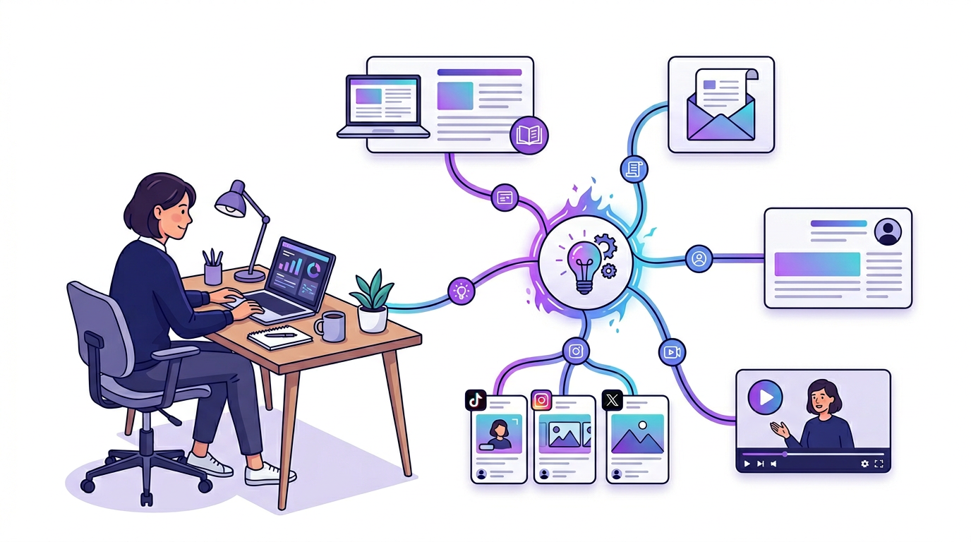 Editorial illustration of a solo founder turning one idea into blog, newsletter, social, and video content outputs.