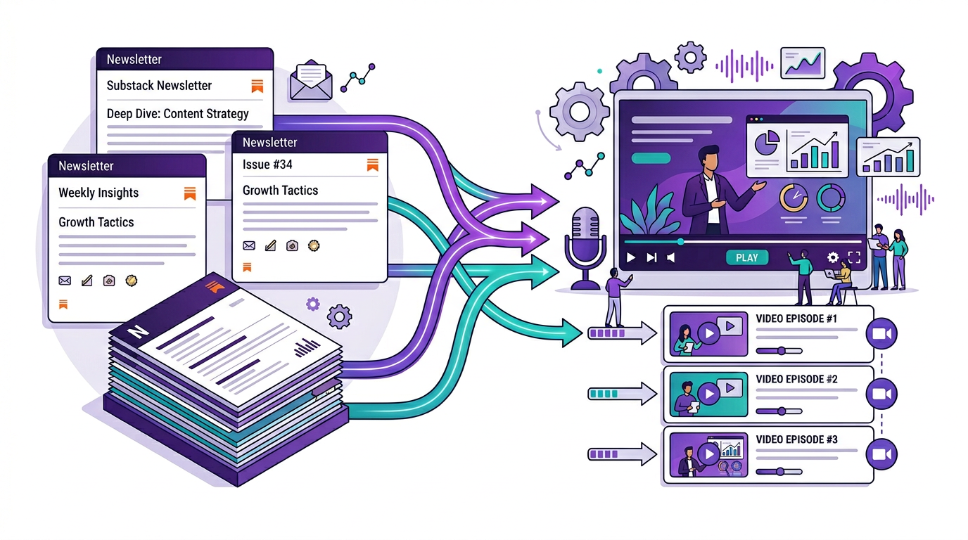 Editorial illustration of Substack newsletter issues branching into recurring video episodes and archive content.