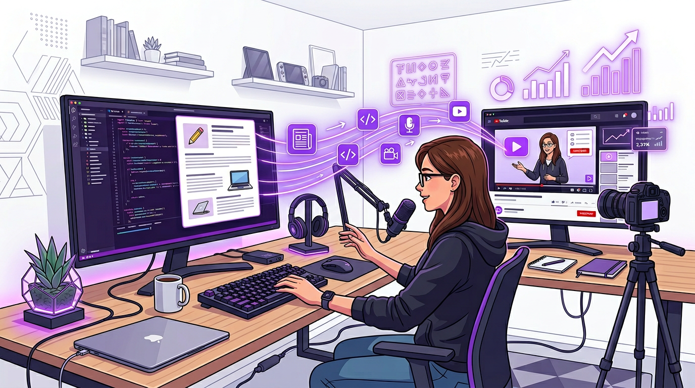 Technical creator illustration showing code, a blog post, and a YouTube video workflow at a desk setup.