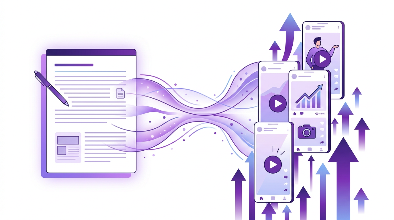 Editorial illustration of a long-form blog post flowing into multiple vertical short-form videos with growth arrows.